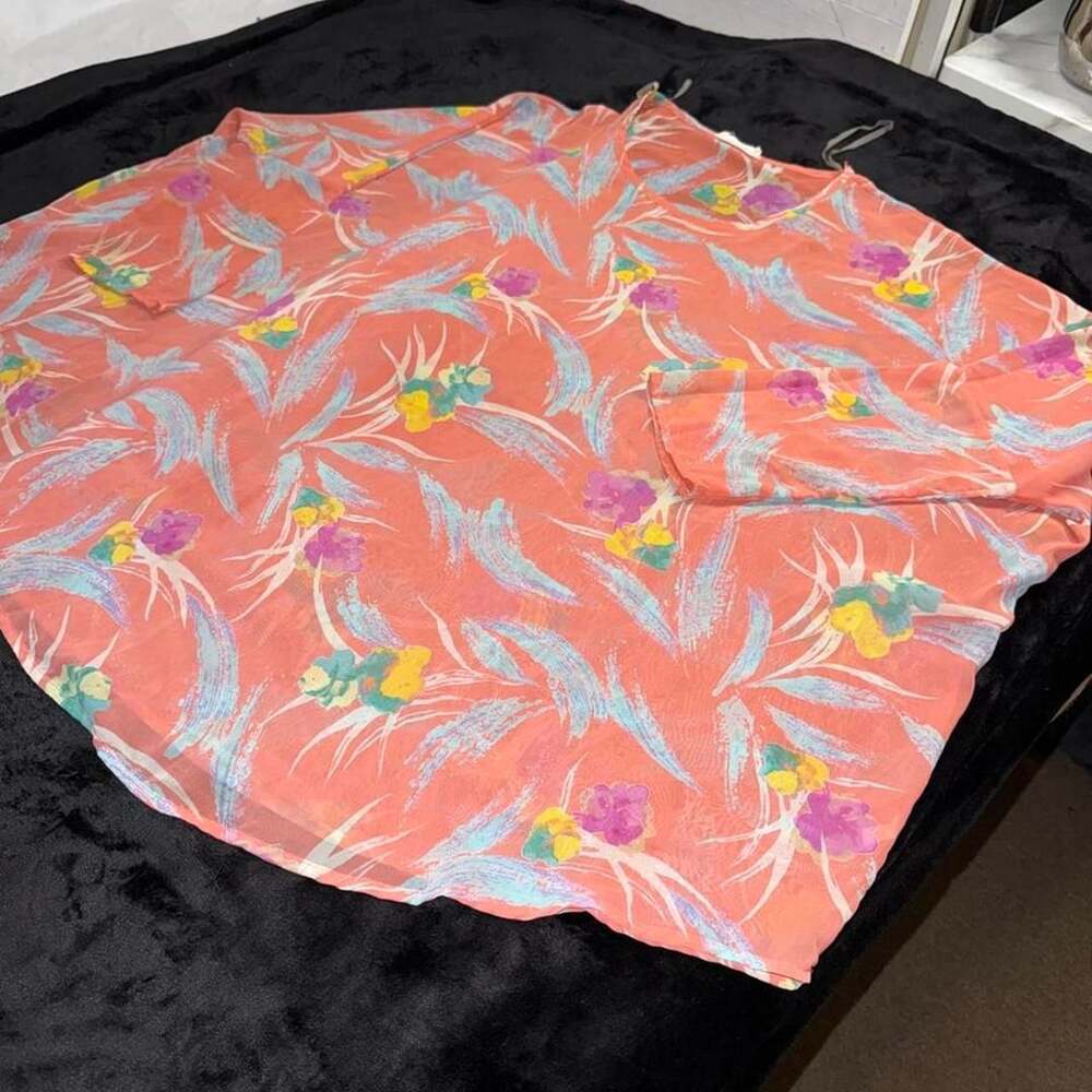 Peach Love California Floral Sheer Long Sleeve Blouse Coral Large